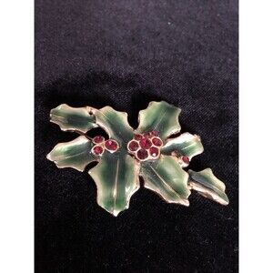 Vintage Rare Christmas Red Green Enamel Poinsettia Flower Gold tone Rhinestones